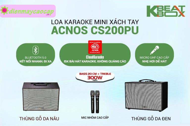 Loa kéo acnos-kbeartbox cs200pu kiểu dáng đẹp với vỏ thùng bộc da, dễ mang đi